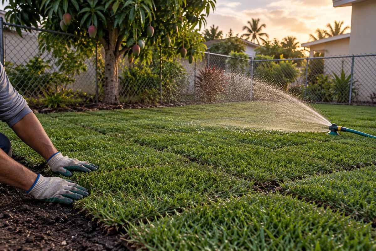 Freshly laid sod being watered, with gloved hands pressing down a corner