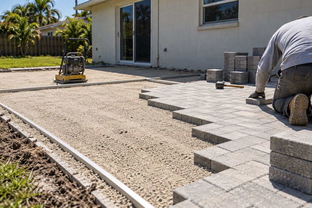 Partly laid light gray paver patio on a compacted base behind a house