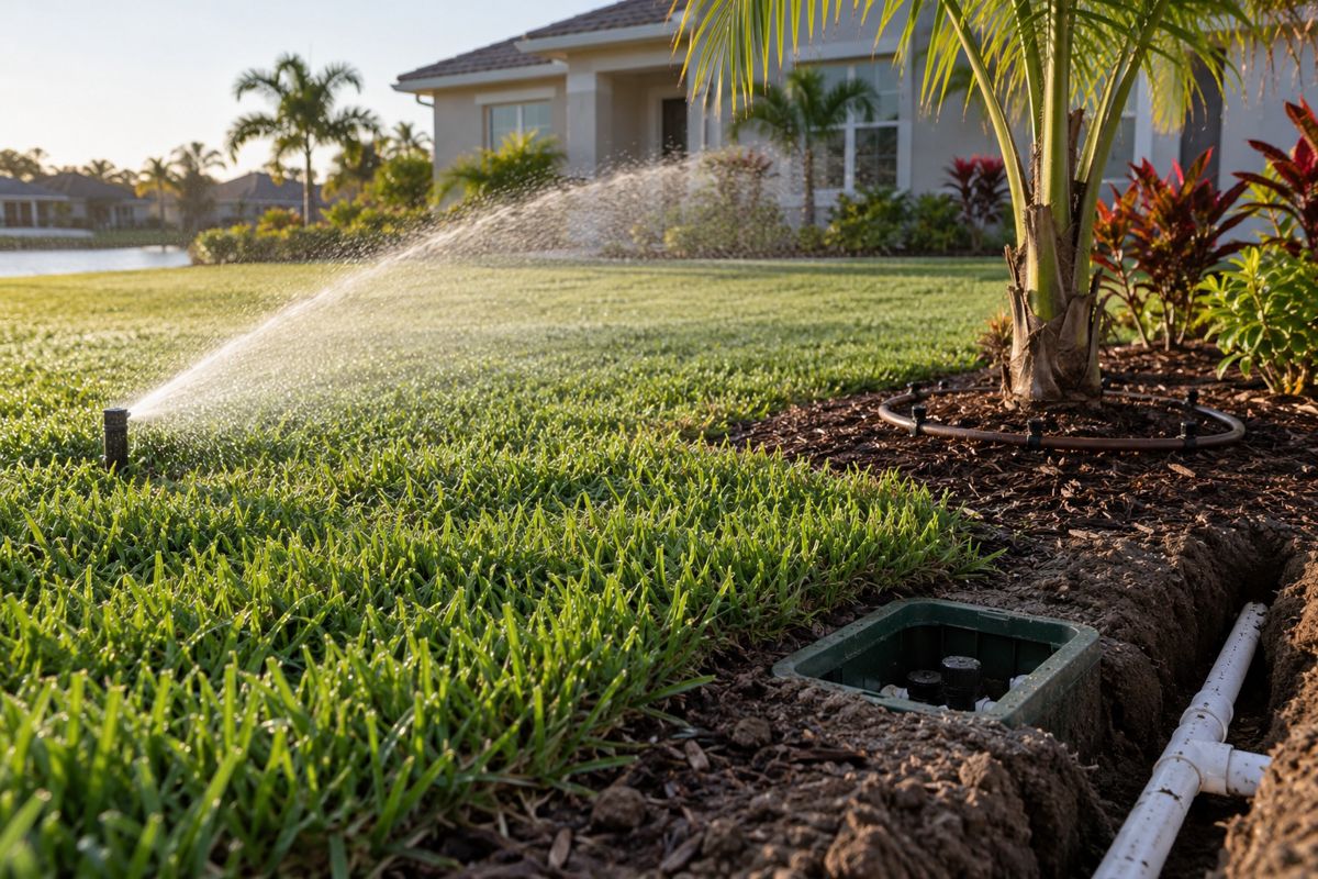 Sprinkler watering green lawn with a drip line around a young palm