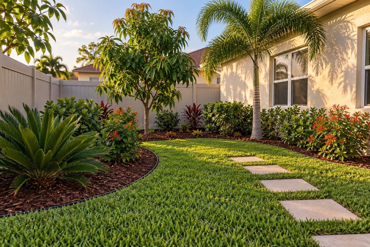 Newly planted small backyard with palms, native shrubs and a stepping-stone path