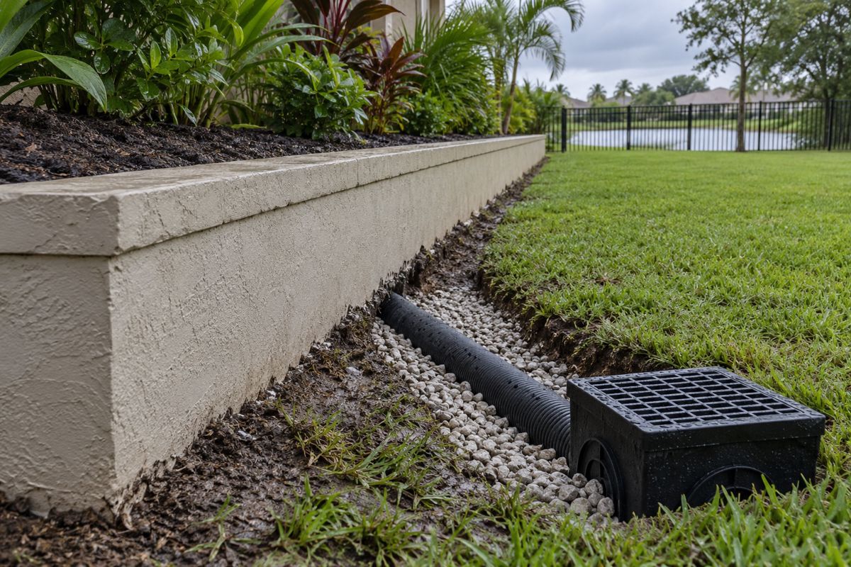 Low block retaining wall with raised bed and gravel drain trench in lawn