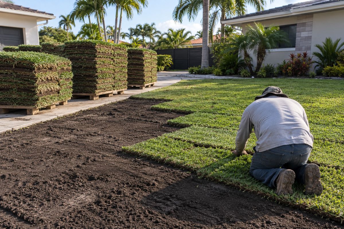 Worker laying rows of fresh St. Augustine sod beside stacked pallets
